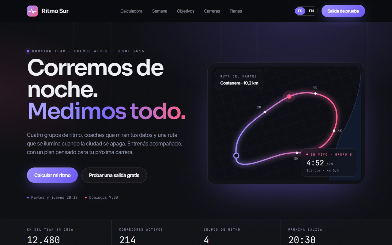 Vista previa del pack de fitness: landing de running team